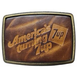 Vintage 1970s 7UP Belt Buckle "America's Turning 7UP" Embossed Leather‎ Brass